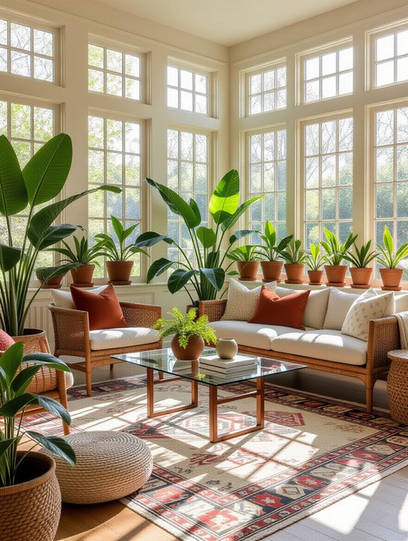 bold rug enhances sunroom