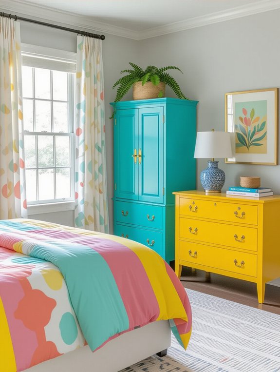 colorful accent cabinets enhance