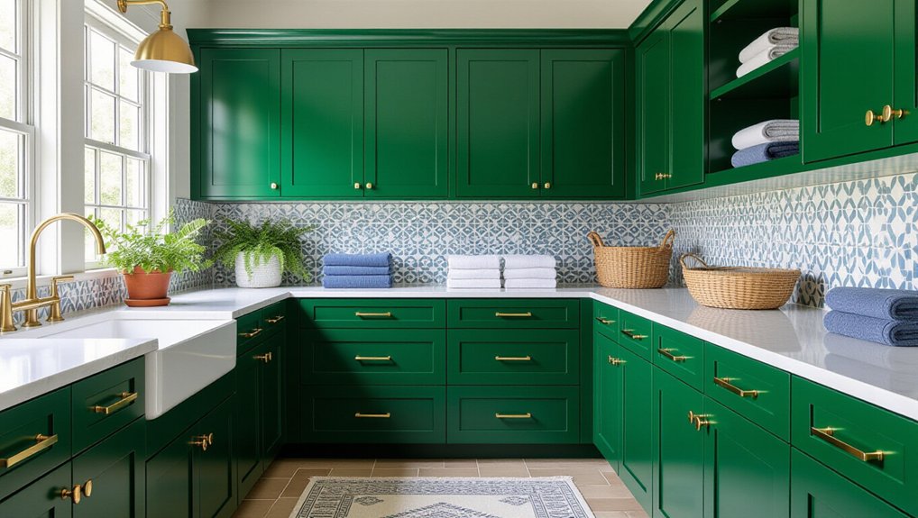 cozy green laundry cabinets