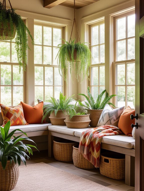 organized sunroom with baskets