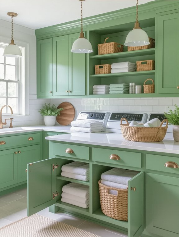 turquoise cabinets enhance laundry