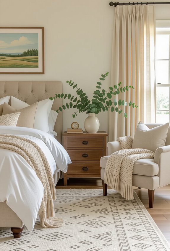 cozy bedding and lighting